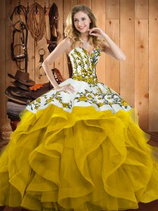 Sophisticated Floor Length Lace Up Ball Gown Prom Dress Yellow for Military Ball and Sweet 16 and Quinceanera with Embroidery and Ruffles