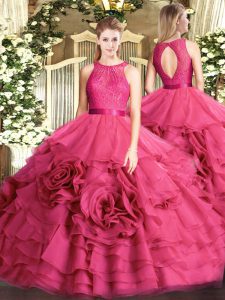 Scoop Sleeveless Zipper Sweet 16 Dress Hot Pink Fabric With Rolling Flowers