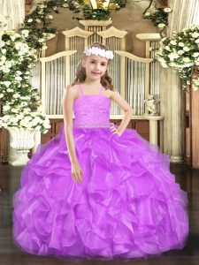Exquisite Lavender Straps Neckline Beading and Lace and Ruffles Pageant Dress for Girls Sleeveless Zipper