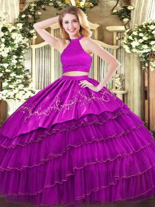 Halter Top Sleeveless Backless Quinceanera Gowns Fuchsia Organza