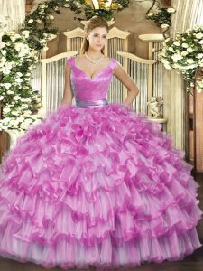 Eye-catching Ball Gowns Ball Gown Prom Dress Lilac V-neck Organza Sleeveless Floor Length Zipper