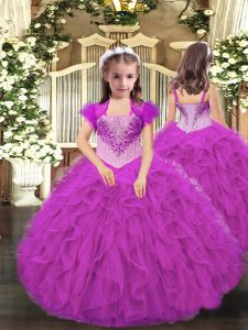 Sleeveless Organza Floor Length Lace Up Kids Formal Wear in Fuchsia with Beading and Ruffles