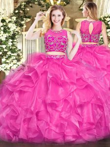 Edgy Tulle Scoop Sleeveless Zipper Beading and Ruffles 15 Quinceanera Dress in Hot Pink