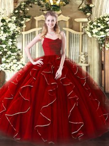 Wine Red Organza Zipper Sweet 16 Quinceanera Dress Sleeveless Floor Length Ruffles