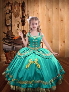 Sleeveless Floor Length Beading and Embroidery Lace Up Pageant Dress with Aqua Blue