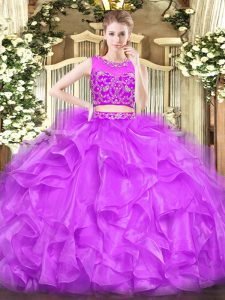 High End Scoop Sleeveless Zipper Quince Ball Gowns Lilac Tulle