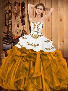 Gold Strapless Neckline Embroidery and Ruffles Sweet 16 Dress Sleeveless Lace Up