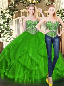 Green Vestidos de Quinceanera Military Ball and Sweet 16 and Quinceanera with Beading and Ruffles Sweetheart Sleeveless Lace Up