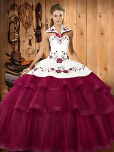 Fuchsia Quince Ball Gowns Military Ball and Sweet 16 and Quinceanera with Embroidery and Ruffled Layers Halter Top Sleeveless Sweep Train Lace Up