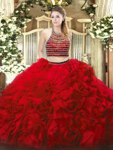 Red Zipper Sweet 16 Dresses Beading and Ruffles Sleeveless Floor Length