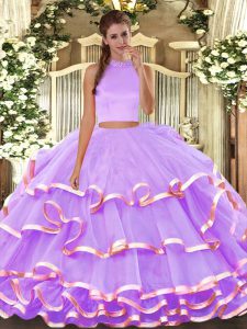 Elegant Lavender Quince Ball Gowns Military Ball and Sweet 16 and Quinceanera with Beading and Ruffled Layers Halter Top Sleeveless Backless