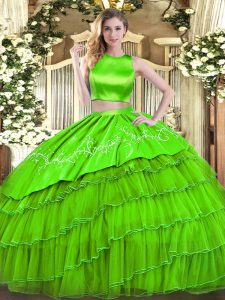 Cute Tulle High-neck Sleeveless Criss Cross Embroidery and Ruffled Layers 15 Quinceanera Dress in