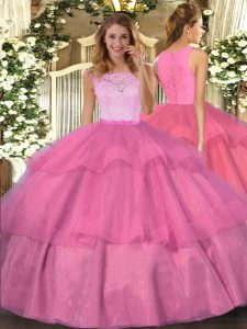 Elegant Floor Length Hot Pink Quinceanera Gown Scoop Sleeveless Clasp Handle