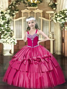 Hot Pink Ball Gowns Organza Straps Sleeveless Beading and Ruffled Layers Floor Length Lace Up Custom Made Pageant Dress