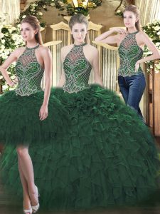 Delicate Dark Green Organza Lace Up High-neck Sleeveless Floor Length Quince Ball Gowns Beading and Ruffles