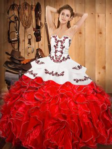 Sleeveless Satin and Organza Floor Length Lace Up 15 Quinceanera Dress in Wine Red with Embroidery and Ruffles