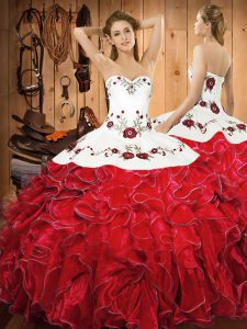 Beauteous Ball Gowns Ball Gown Prom Dress White And Red Halter Top Satin and Organza Sleeveless Floor Length Lace Up
