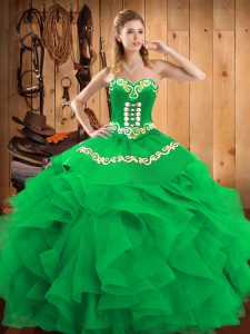 Green Satin and Organza Lace Up 15th Birthday Dress Sleeveless Floor Length Embroidery