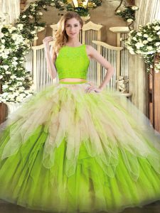 Flare Sleeveless Floor Length Lace and Ruffles Zipper Quinceanera Gown with Yellow Green
