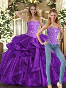 Beauteous Eggplant Purple Sleeveless Tulle Lace Up 15 Quinceanera Dress for Military Ball and Sweet 16 and Quinceanera