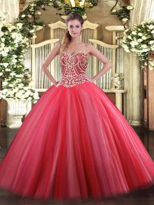 Coral Red Sleeveless Tulle Lace Up Quince Ball Gowns for Military Ball and Sweet 16 and Quinceanera