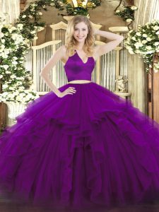 Floor Length Zipper Quinceanera Dresses Purple for Military Ball and Sweet 16 and Quinceanera with Ruffles