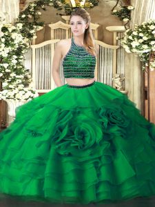 Pretty Green Two Pieces Halter Top Sleeveless Tulle Floor Length Zipper Beading and Ruffled Layers Quinceanera Gowns