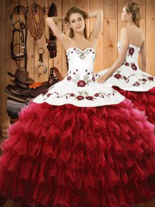Wine Red Sweetheart Lace Up Embroidery and Ruffled Layers 15th Birthday Dress Sleeveless