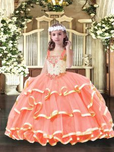 Orange Red Sleeveless Floor Length Beading and Ruffled Layers Lace Up Pageant Dress for Girls