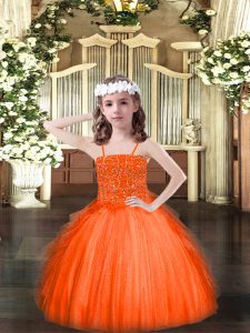 Orange Red Spaghetti Straps Lace Up Beading and Ruffles Pageant Gowns For Girls Sleeveless