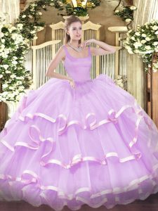 Lilac Organza Zipper Straps Sleeveless Floor Length 15 Quinceanera Dress Beading and Ruffled Layers