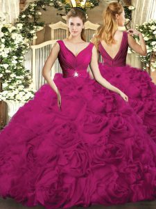 Fitting Sleeveless Floor Length Beading Backless Sweet 16 Dresses with Fuchsia