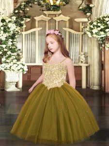 Brown Tulle Lace Up Spaghetti Straps Sleeveless Floor Length Kids Formal Wear Appliques