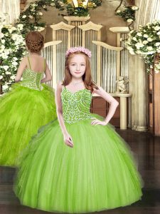 Sleeveless Tulle Floor Length Lace Up Little Girl Pageant Dress in with Beading and Ruffles