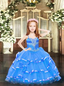 Trendy Sleeveless Lace Up Floor Length Beading and Ruffled Layers Little Girl Pageant Dress