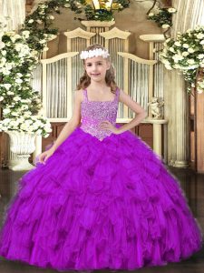 Charming Purple Straps Neckline Beading and Ruffles Little Girls Pageant Dress Wholesale Sleeveless Lace Up
