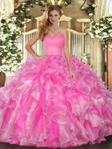Ball Gowns Sweet 16 Quinceanera Dress Rose Pink Sweetheart Organza Sleeveless Floor Length Lace Up
