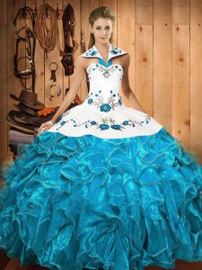 Custom Designed Halter Top Sleeveless Lace Up Sweet 16 Dress Baby Blue Satin and Organza