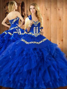 Floor Length Blue Ball Gown Prom Dress Satin and Organza Sleeveless Embroidery and Ruffles