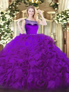 High Class Eggplant Purple Ball Gowns Scoop Sleeveless Fabric With Rolling Flowers Floor Length Zipper Beading 15th Birthday Dress