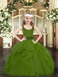Sleeveless Floor Length Beading and Ruffles Zipper Little Girls Pageant Dress Wholesale with Olive Green