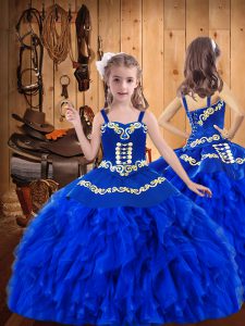 Floor Length Royal Blue Pageant Gowns For Girls Organza Sleeveless Embroidery and Ruffles