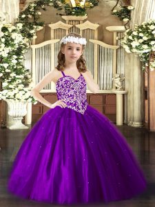 Purple Lace Up Straps Beading Pageant Gowns For Girls Tulle Sleeveless