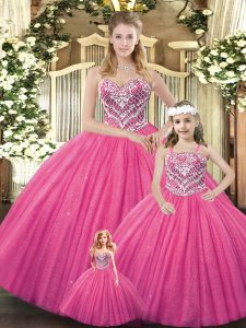 Fabulous Hot Pink Sweet 16 Dress Military Ball and Sweet 16 and Quinceanera with Beading Sweetheart Sleeveless Lace Up
