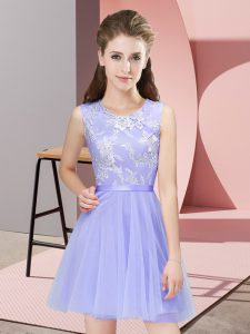 High Class Lavender A-line Tulle Scoop Sleeveless Lace Mini Length Side Zipper Bridesmaids Dress