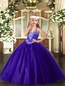 Floor Length Lace Up Little Girls Pageant Dress Purple for Party and Quinceanera with Beading