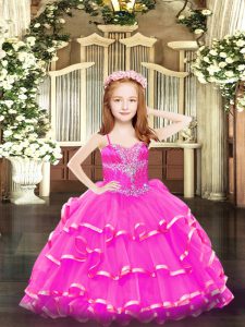Spaghetti Straps Sleeveless Little Girls Pageant Gowns Floor Length Beading and Ruffled Layers Hot Pink Organza