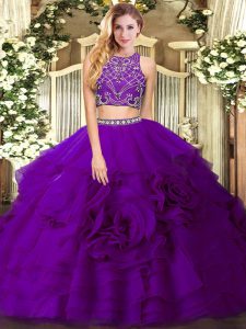 Unique Eggplant Purple Sweet 16 Dresses Military Ball and Sweet 16 and Quinceanera with Beading and Ruffled Layers High-neck Sleeveless Zipper