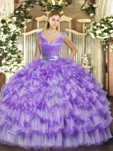 Sophisticated Sleeveless Floor Length Ruffled Layers Zipper 15 Quinceanera Dress with Lavender