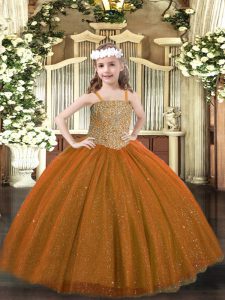 Popular Floor Length Brown Little Girls Pageant Gowns Tulle Sleeveless Beading